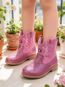 Girls Hot Pink Glitter Western Cowboy Boots, Floral Embroidered Booties With Side Zipper, Retro Chunky Heel For Fall & Party - Pink - View 5