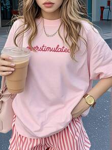 Women's Casual Short Sleeve Round Neck T-Shirt - Printed Pattern, Soft & Comfortable Fabric, Machine Washable, Summer Top Pink - Pink - View 1