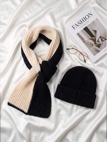 Women's Short Knitted Scarf, Cross-Knit Neck Warmer, Korean Style Colorblock Versatile Neck Protector, Autumn/Winter Woolen Beanie Hat, Japanese Style Solid Color Knitted Cold Weather Cap - A - View 7