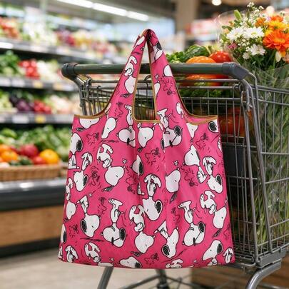 1 pieza Bolsa de compras reutilizable con estampado de Snoopy, tamaño mediano, color púrpura-rojo, plegable, ligera e impermeable, bolsa de hombro para compras, adecuada para compras en supermercado, desplazamientos diarios y picnics, regalo perfecto de cumpleaños y festividades para mujeres