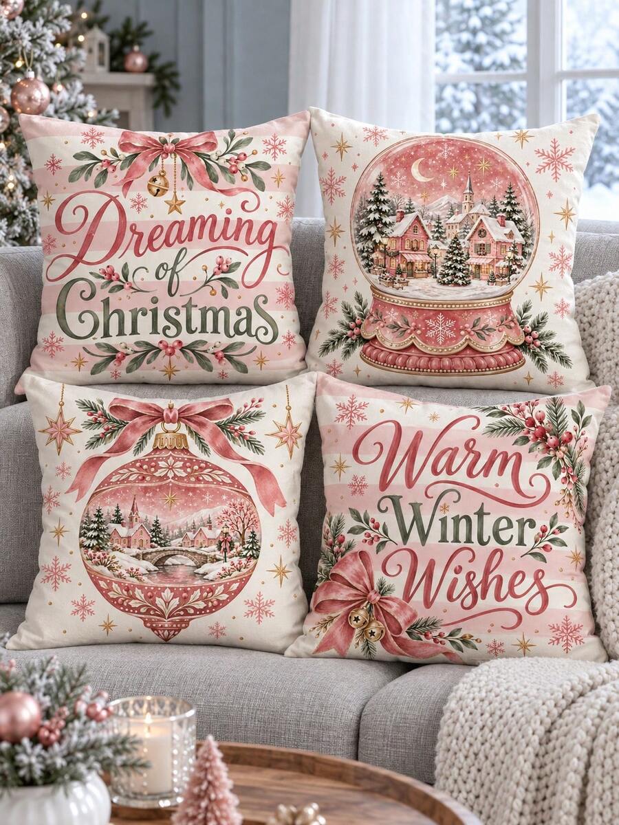 shangxia 4PCS--Pink Crystal Ball Christmas Print Pillow Covers, Bow Bell Small Town Snow Scene Text Sofa Cushion Covers---(Pillow Insert Not Included) - Pink - View 1