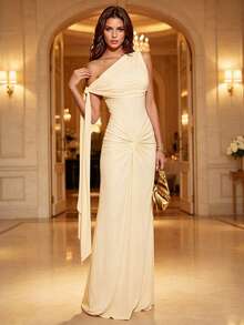 Summer Asymmetric One-Shoulder Fitted Waist Twisted Design Evening Gown, Suitable For Vacation And Date - Yellow - View 3