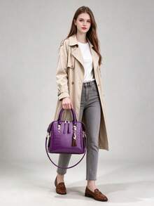 Women's Bright Purple Crocodile-Embossed Glossy PU Top Handle Satchel & Matching Envelope Clutch Set - Crocodile Pattern Mother-baby Bag - View 5