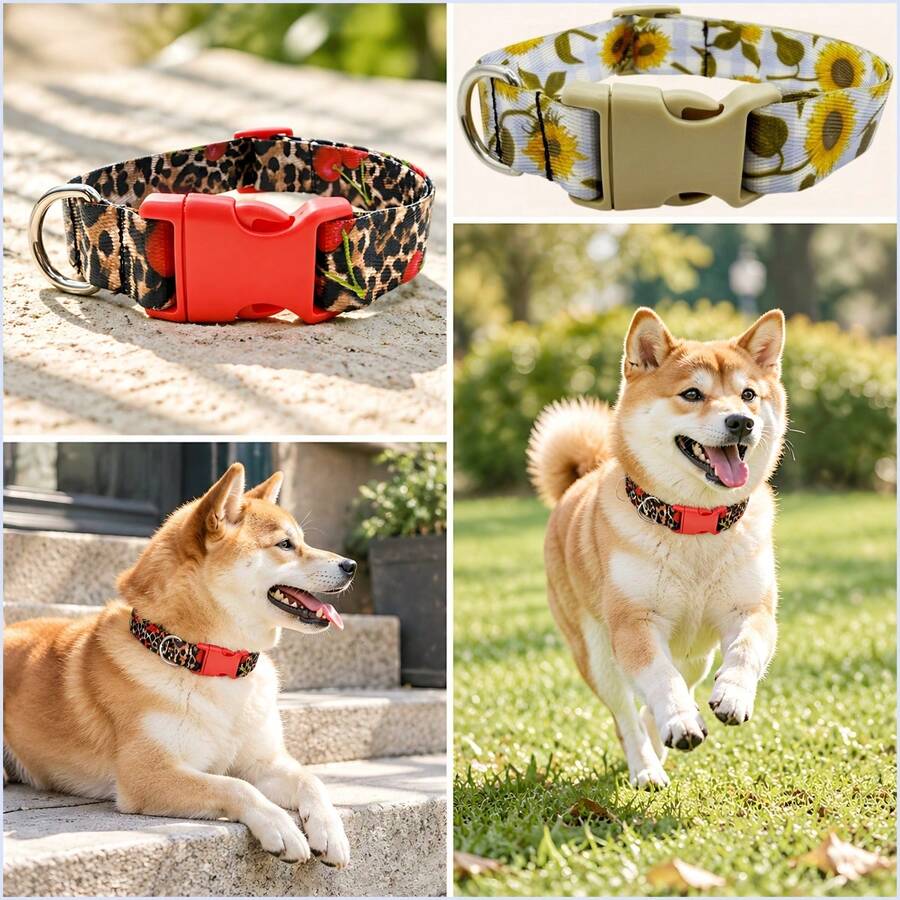 New Sunflower/Cherry Leopard Print Nylon Dog Collar, Soft Comfortable Wear-Resistant Fabric, No Choking, Lightweight And Burden-Free, Adjustable Length, Suitable For All Seasons, Easy To Fasten And Unfasten, Fits All Dog Breeds, Birthday Wedding Holiday Gift Pet Accessory
