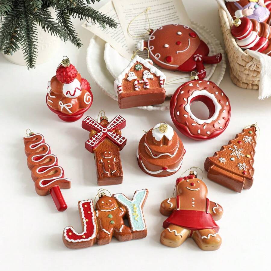 Gingerbread Themed Hanging Ornament Set, Multiple Dessert Shapes With Glossy Icing Finish, Shatterproof Plastic Festive Decor With Gold String, Winter Holiday Home Party Window Display, Novelty Decor Gift For Adults - Multicolor - View 1