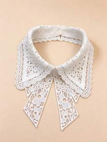 1pc White Water-Soluble Embroidered Bow Tie Collar Lace Hollow Out Blouse - White - View 4