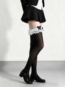 Women's Ruched Lace Bow Over-The-Knee Socks, Sweet Lolita Style Over-The-Knee Socks, Elastic Non-Slip Sheer Socks, Suitable For Cosplay Daily Wear And Parties - Black - View 5
