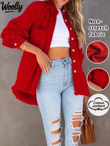 Frayed Edged Fashionable Loose Fit Pink Denim Jacket Casual Spring Red - Red - View 2