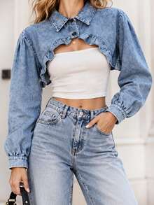 1pc Women's Sweet & Cool Floral Textured Washed Distressed Shawl Waist-Exposing Ruffle Hem Shirt-Style Cardigan Cape - Solid Color Raglan Denim - View 2