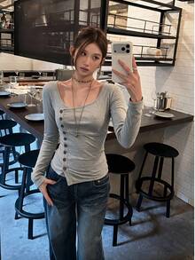Women's Gray Knit Long Sleeve Crew Neck Top Asymmetric Button Design Slimming Fitted T-Shirt Base Layer Autumn - Light Grey - View 2