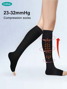 Cofoe 1 Pair Grade 2 Compression Stockings, Over-The-Knee, 23-32 MmHg Pressure, Open-Toe Design, Unisex - Black - View 17