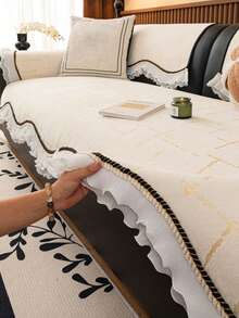 1pc Vintage French Chenille Plaid Textured Double Layer Ruffle Sofa Cushion, Anti-Scratch, Pet-Friendly Sofa Protector Seat Pad, All-Season Use, Machine Washable, Sofa Refresh, Decorative Sofa, Enhances Space Atmosphere, Suitable For Study, Bedroom, Living Room, Fits 1/2/3/4 Seater L-Shaped Sofa, Sofa Cover - Creamy White - View 2