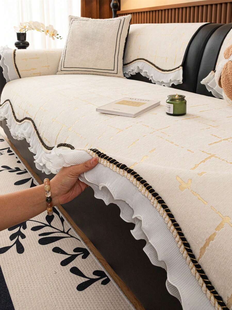 1pc Vintage French Chenille Plaid Textured Double Layer Ruffle Sofa Cushion, Anti-Scratch, Pet-Friendly Sofa Protector Seat Pad, All-Season Use, Machine Washable, Sofa Refresh, Decorative Sofa, Enhances Space Atmosphere, Suitable For Study, Bedroom, Living Room, Fits 1/2/3/4 Seater L-Shaped Sofa, Sofa Cover