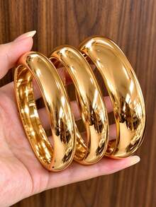 3/1pc Vintage Old Money Style Casual Versatile Smooth Exaggerated Wide Metal Bangle Bracelet Set For Women, Suitable For Daily Wear, Vacation, Date, Party, Gathering, Wedding, Holiday, Gift, Layering - Yellow Gold - View 7