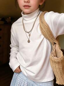 Girls' Faux Collar Long Sleeve T-Shirt, Slim Fit Solid Color Basic Casual T-Shirt For Autumn - White - View 7