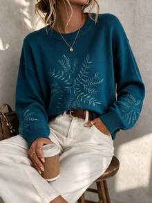 Rusttydustty Women's Autumn/Winter Solid Color Loose Round Neck Sweater, Plant Embroidery Design Drop Shoulder Long Sleeve Top - Teal Blue - View 2