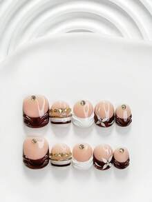 秋冬款 10片裝美拉德風手工穿戴甲 Polygel 凝膠美甲套組，花卉條紋白色與棕色美甲，精緻風格，3種尺寸可選：方形、短方形、杏仁形，適合派對、舞蹈、日常配戴（手工細節可能有所不同） - 彩色 - 查看 19