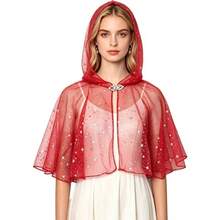 1pc Christmas Star Foil Print Short Cape For Carnival Party, Stage Performance, Halloween, Cosplay, Spring/Summer Short Shawl, Star Mesh Hooded Cardigan Cape - Red - View 4