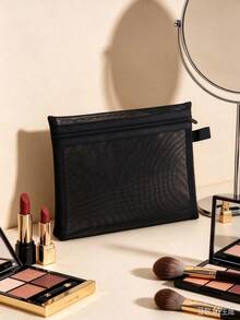 5 Pcs Black Mesh Cosmetic Bag Set, Zipper Makeup Pouch, Portable Semi-Transparent Mesh Storage Organizer Bag For Travel, Cosmetics, Cables And Small Accessories - Black - View 5