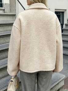 Women's Solid Color Plush Zip-Up Jacket, Fuzzy Fleece Coat For Autumn/Winter, Office, Daily Wear, Airport Outfit - Off White - View 2