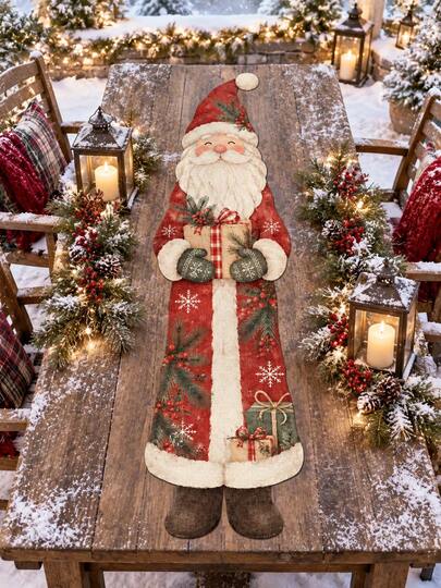 1pc Rustic Santa Claus Linen Table Runner, Vintage Red Santa Gift Box Snowflake Pine Branch Print, Irregular Shaped Christmas Dining Table Runner, Cozy Farmhouse Kitchen Table Decor, Christmas Decorations For Home, Winter Holiday Party, Room Decor