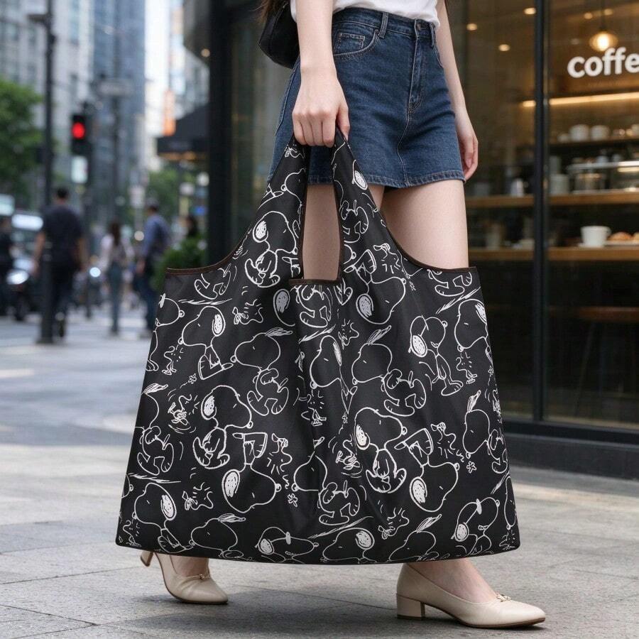 1PC Snoopy Sketch Print Reusable Shopping Tote Bag, Large Capacity Foldable Lightweight Shoulder Bag, Waterproof Grocery Bag, Suitable For Shopping, Travel, Daily Commute, Perfect Birthday And Holiday Gift For Women - Multicolor - View 1