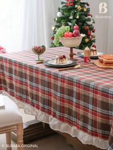 Christmas Plaid Ruffle Edge Tablecloth, Vintage Scottish Tartan White Ruffle Edge Tablecloth, Christmas Dinner Party Holiday Decoration Tablecloth, Farmhouse Style Home Kitchen Dining Room Table Decor - Brown - View 7