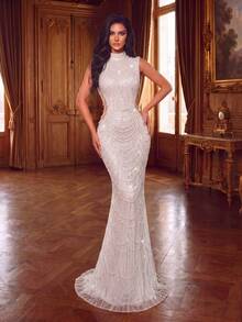 Elegant High Neck Mermaid Style Evening Gown, Embellished With Beaded Design, Fitted Silhouette White - White - View 4