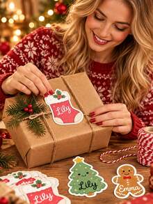 Christmas Gift Stickers, Personalized Name Labels, Christmas Name Stickers, Customized Gingerbread Man Sock Style Christmas Name Stickers, Customizable Holiday Gift Label Stickers, Self-Adhesive Customized Name Stickers, Suitable For Christmas Tree - Multicolor - View 4