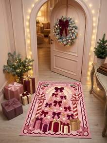 1PC Pink Bow Christmas Tree Pattern Decorative Carpet, Sweet Romantic Holiday Exquisite Faux Cashmere Rectangular Machine Washable Asymmetrical Rug, Suitable For Christmas/Entryway/Bathroom/Kitchen/Bedside/Winter Festive Atmosphere Home Decor - Multicolor - View 5