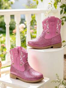 Girls Hot Pink Glitter Western Cowboy Boots, Floral Embroidered Booties With Side Zipper, Retro Chunky Heel For Fall & Party - Pink - View 4
