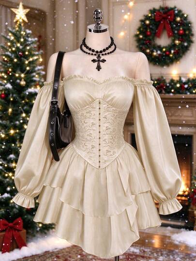 Solid Color Elegant Wedding Women's Black Gothic Lace Dress, Suitable For Halloween, Christmas Party And Witch Themed Cosplay Events, Featuring Jacquard Fabric Design, Waist-Cinching Design, Ruffle Trim, Cold Shoulder Design, Tiered Hem And A-Line Skirt, Paired With Chiffon Fabric, Suitable For Party And Daily Wear, Showcasing Elegant Elegant
