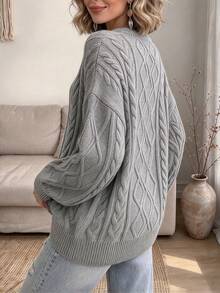 Women's Autumn/Winter Round Neck Solid Color Cable Knit Loose Fit Versatile Pullover Sweater - Grey - View 3