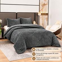 Striped Sherpa Comforter With Knitted Texture, Thick Soft Polyester Bedding Set, Thermal Quilt For Bedroom, Available In 220x240cm And 240x260cm - Dark Gray - View 5