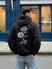 DAZY Men's Casual Versatile Rose Print Kangaroo Pocket Drawstring Hoodie, Autumn/Winter - Black - View 3
