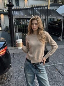 Aflion Women's Fall Winter Khaki Crew Neck Long Sleeve Knit Sweater With Diagonal Gold Button Decor For Campus, Date And Christmas - Khaki - View 8