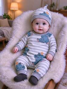 BrownBark 2pcs, Unisex Baby Cute Long Sleeve Romper And Hat Set For Spring And Autumn, Grey And White Striped With Cute Crown Elephant Print Romper, Matching Same Pattern Hat, Soft And Comfortable Fabric, Neutral Cartoon Style, Suitable For Newborn Baby Spring And Autumn Daily Wear And Outings. - Multicolor - View 2