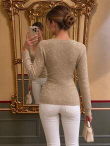Autumn/Winter New Fine Glitter Cross-Wrap V-Neck Knitted Sweater, Slim Fit Ruched Waist Long Sleeve Pullover, Elegant Mature Style, Versatile Top For Daily Commute, Date, Gathering, Weekend Outing - Apricot - View 6