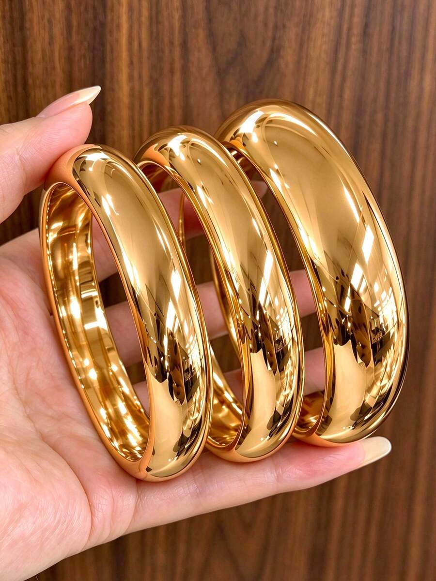 3/1pc Vintage Old Money Style Casual Versatile Smooth Exaggerated Wide Metal Bangle Bracelet Set For Women, Suitable For Daily Wear, Vacation, Date, Party, Gathering, Wedding, Holiday, Gift, Layering - Yellow Gold - View 1