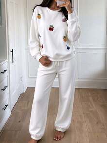 Women's White Fruit Embroidery Sweatshirt & Sweatpants Set, Crew Neck Loose Long Sleeve Drawstring Cuffed Pants 2 Pieces Set, Casual Home & Light Sports Outfit - White - View 4