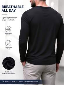 Kaos Pria Hitam Lengan Panjang untuk Semua Musim dengan Plaket Setengah Kardigan - Hitam - View 3