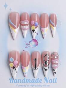 10PCS-Handmade Press On Nails, Stiletto Shape, Fall Nails,Nail Art,Y2K Style, Reusable, White, Paired With French Style, 3D Design, Suitable For Birthday,Autumn,Winter,Daily Wear, Parties, Vacations, And Also The Best Holiday Gift For Women. - White - View 1