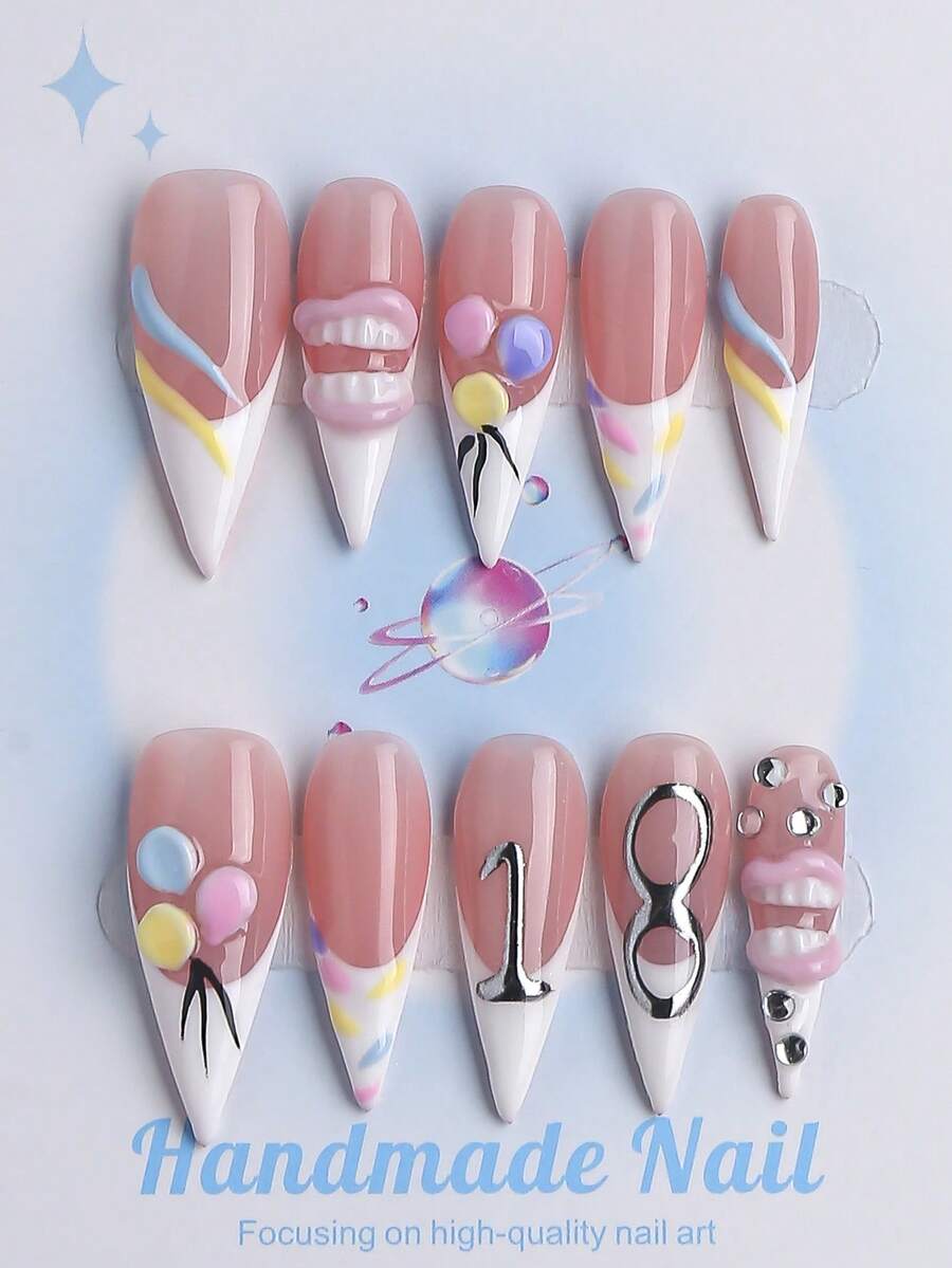 10PCS-Handmade Press On Nails, Stiletto Shape, Fall Nails,Nail Art,Y2K Style, Reusable, White, Paired With French Style, 3D Design, Suitable For Birthday,Autumn,Winter,Daily Wear, Parties, Vacations, And Also The Best Holiday Gift For Women. - White - View 1
