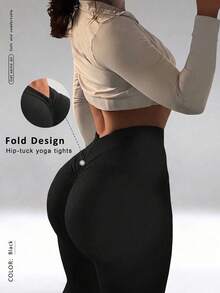 FWH High-Waist Yoga Leggings With Tummy Control, Butt-Lifting Slimming Cut, Ruched Butt Design, Luxury Minimalist Style, High-Compression Design To Elongate Silhouette, Suitable For Multiple Sports Scenarios, Quiet Luxury Vintage Sporty Casual Premium Basic, V-Waist Yoga Leggings, Fitness Tight Leggings, Classic Color, Visual Slimming, Luxury Shaping Tight Leggings - Black - View 1