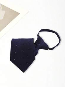 8cm Men's 2-Style Optional Navy Blue Jacquard Dotted/Textured Blue Striped Zipper Tie, No-Knot Business Workwear Quick-Pull Tie - Navy Blue - View 2