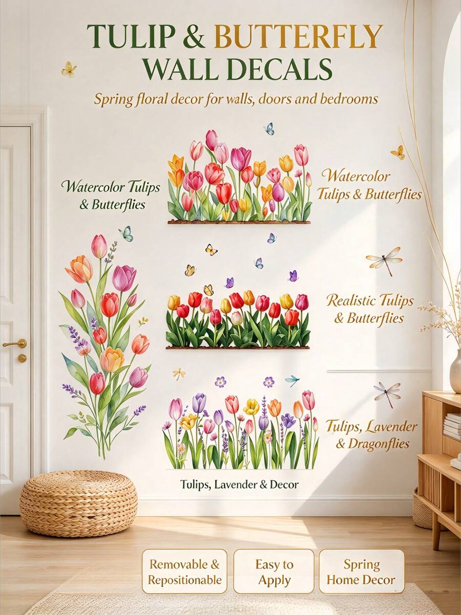 1 Piece Spring Pastoral Style Tulip Flower Wall Sticker, Removable Self-Adhesive Waterproof PVC, Watercolor Mix Butterflies And Dragonflies Floral Baseboard Sticker, For Living Room, Bedroom, Kitchen, Cabinet, DIY Wall Decoration - Wall Stickers - View 1