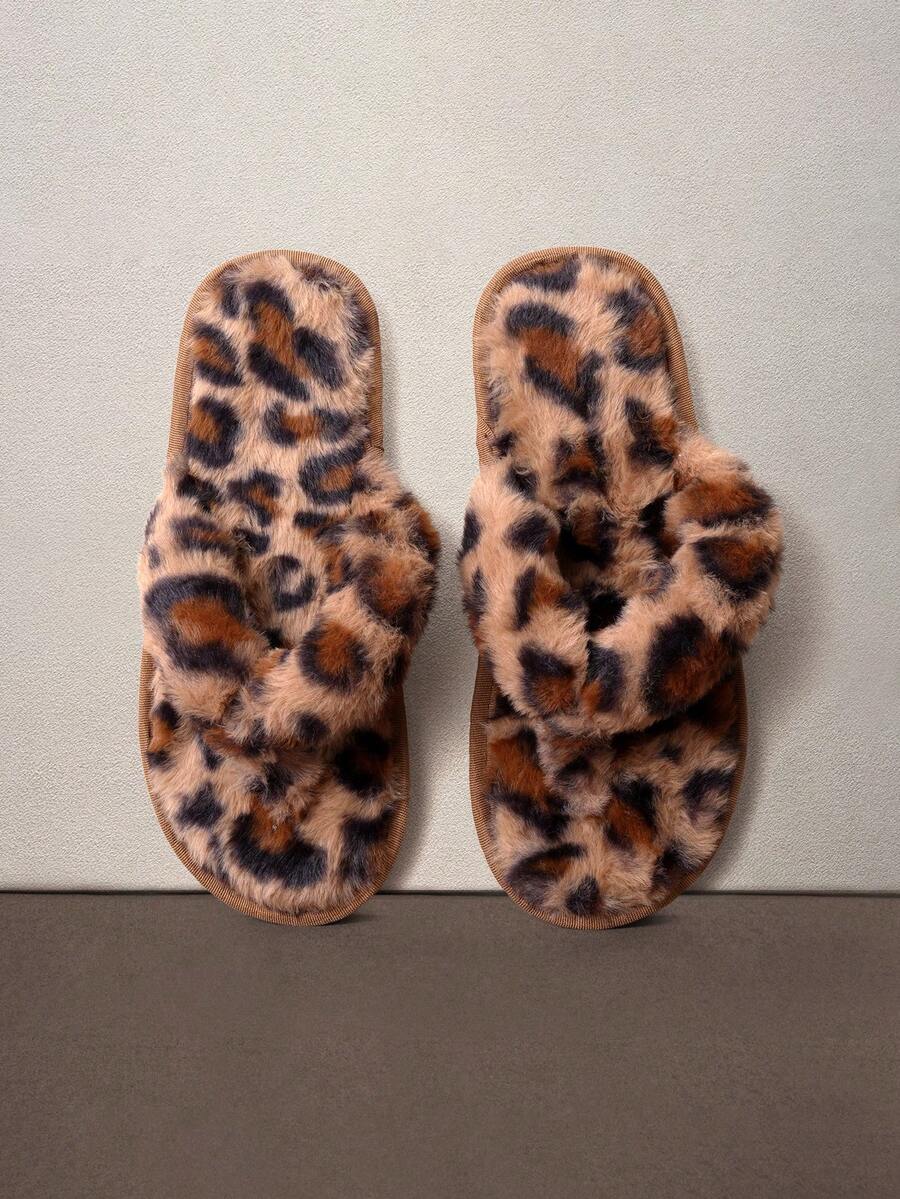 Fall/Winter Women's Fluffy Leopard Print Comfy House Slippers,Halloween - Brown - View 1