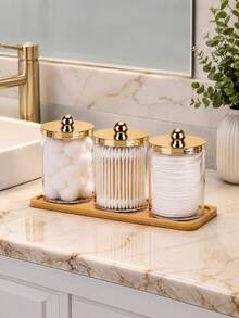 1/2/3Pcs Q Tip And Floss Pick Holder Set With Bamboo Tray, Clear Plastic Bathroom Storage Canisters With Shiny Gold Lids, Decorative Makeup Pad And Beauty Tool Organizer For Vanity Countertop And Bathroom Shelf - Multicolor - View 3