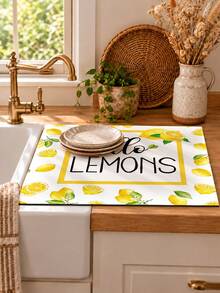 1pc Yellow Lemon Letter Pattern Dish Drying Mat, Fresh Summer Pastoral Style, Quick-Drying Absorbent Material, Fruit Text Print Design, Non-Slip Surface Protection, Suitable For Daily Kitchen, Dish Drying, Home Gatherings And Home Decor - Multicolor - View 2