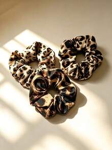 5pcs Vintage Brown Hair Scrunchies Set, Polka Dot & Plaid Print Hairbands, Essential For Daily Styling - Black - View 5
